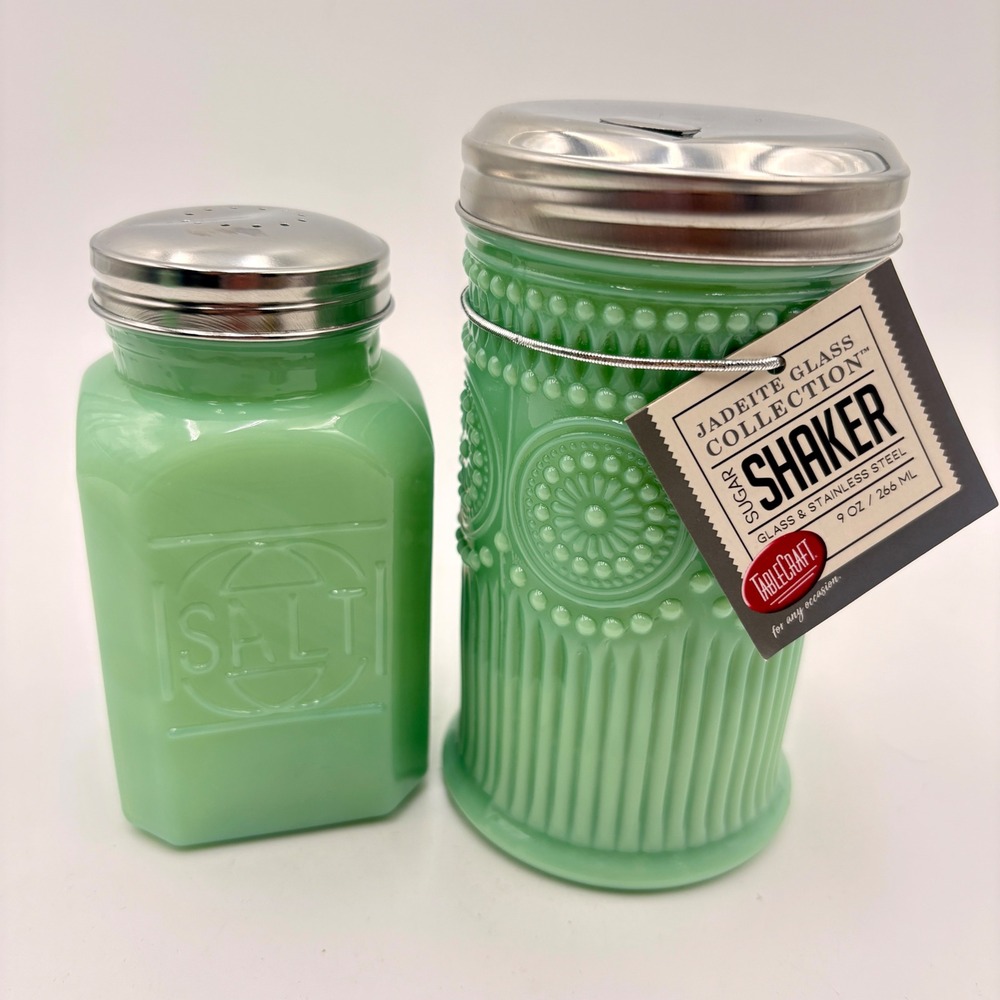 TableCraft Jadeite Glass Salt and Sugar Shaker Set Mint Green Milk Glass 2pc
